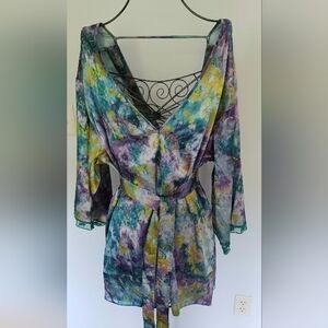 NWT Yitty Satin Mini Robe In Deep Sea Watercolor